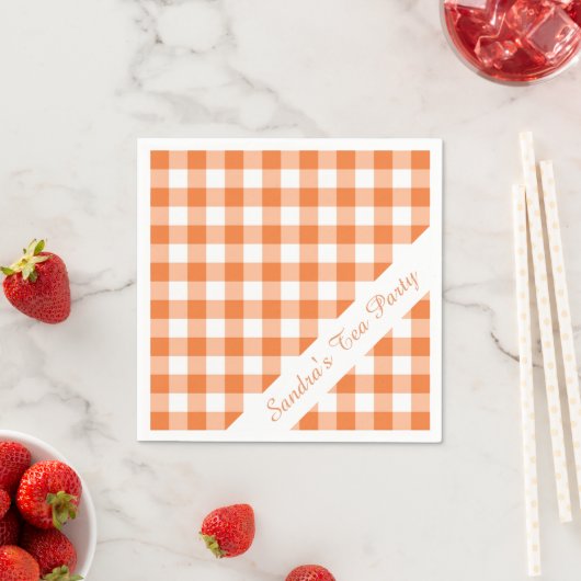 Oranje Witte Gingham Pattern Gepersonaliseerde Par Servetten (Insitu)