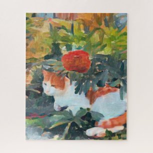 Oranje/witte kat onder een bloeiende struik legpuzzel
