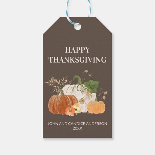 Oranje witte pompoen Gold Glitter Thanksgiving Cadeaulabel (Voorkant)