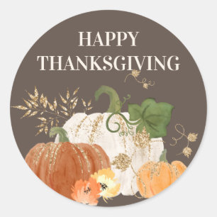 Oranje Witte Pompoenen Gouden Glitter Thanksgiving Ronde Sticker