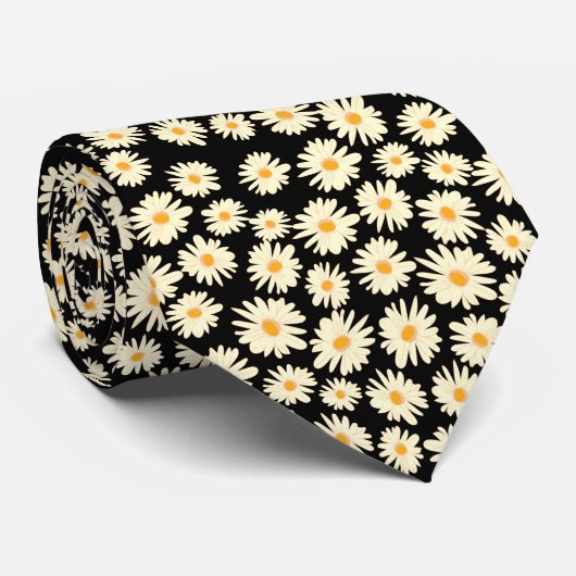 Oranje witte zwarte madeliefjes bloempatroon stropdas (Opgerold)