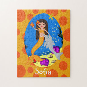 Oranje zeemeermin in de oceaan met een dolfijn legpuzzel