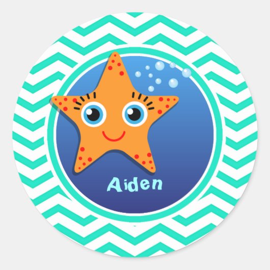 Oranje zeester; Aqua Green Chevron Ronde Sticker (Voorkant)