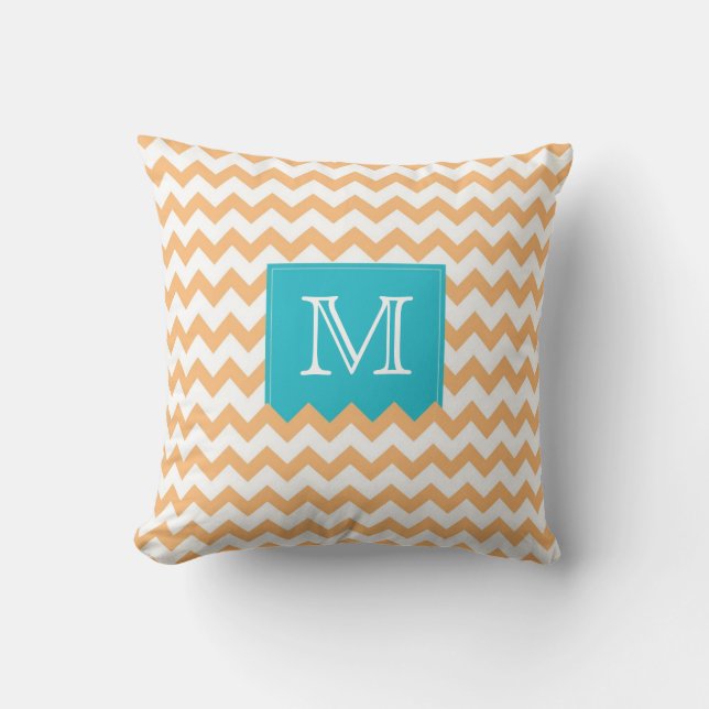 Oranje Zig Zag Pattern & turquoise monogram box Kussen (Voorkant)