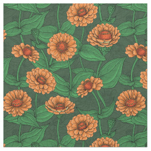 Oranje Zinnia bloemen, groene bladeren op donkergr Stof