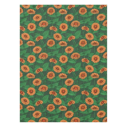 Oranje Zinnia bloemen, groene bladeren op donkergr Tafelkleed (Voorkant)