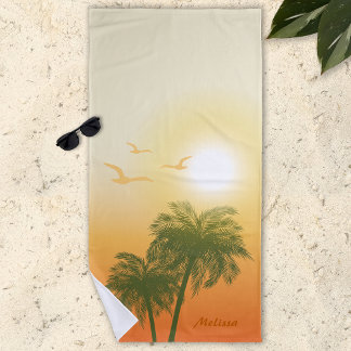 Oranje Zon En Groene Palmboom Tropische Zomer Strandlaken