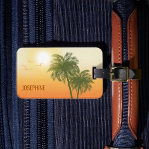 Oranje Zon En Groene Tropische Palmboom Met Tekst Bagagelabel