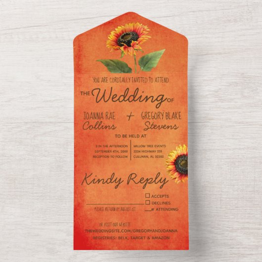 Oranje zonnebloem in één bruiloft all in one uitnodiging (Binnen)