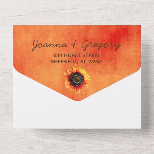 Oranje zonnebloem in één bruiloft all in one uitnodiging (Achterkant)