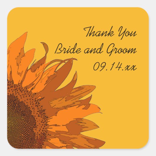 Oranje zonnebloem op Gele bruiloft Dank u Label (Voorkant)