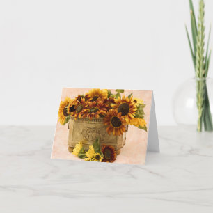 Oranje zonnebloemen in tin mandje kaart