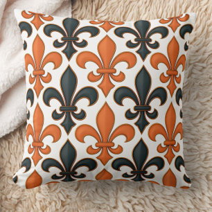 Oranje Zwart Barok Fleur-de-lis Patroon Ontwerp Kussen