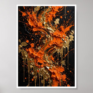 Oranje Zwart Goud Vuur Abstracte Kunstprint Poster