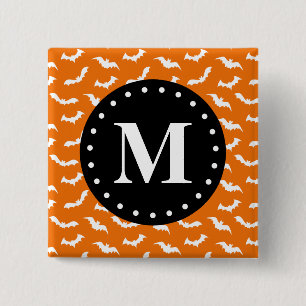 Oranje zwart Halloween Bat Pattern Monogram Vierkante Button 5,1 Cm
