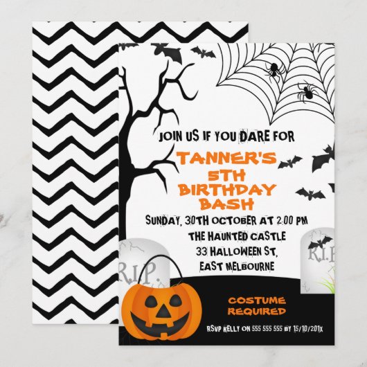 Oranje Zwart Halloween Verjaardagsuitnodiging Kaart (Voorkant / Achterkant)