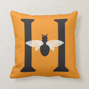 Oranje zwart monogram "H" Sierkussen honingbijen