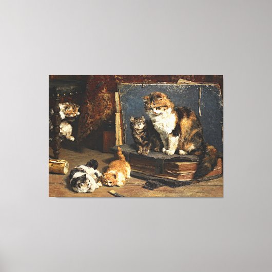  Oranje zwart-wit kat met Kittens Canvas Afdruk (Voorkant)
