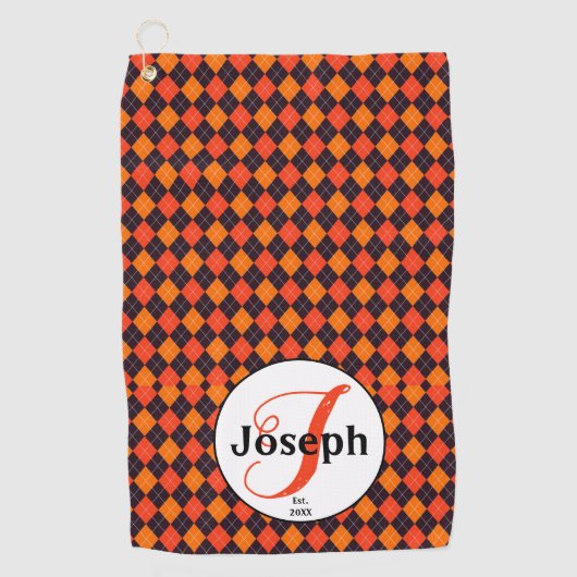 Oranje Zwarte Argyle Monogram Golfers Favoriet Golfhanddoek (Voorkant)