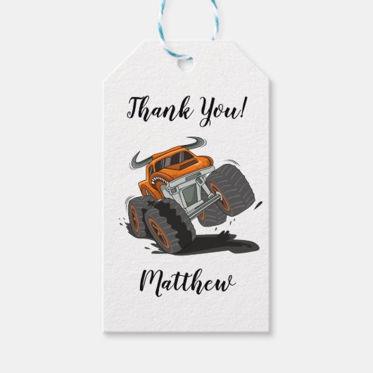 Oranje zwarte boys' Monster Truck Name Bedankt Cadeaulabel (Voorkant)