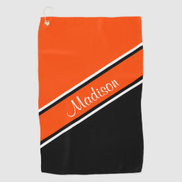 Oranje zwarte diagonaal Stripe Script-naam Golfhanddoek