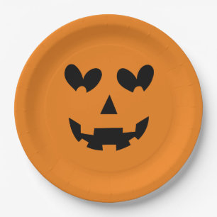 Oranje & Zwarte Gelukkig Hart Pompoen Halloween Papieren Bordje