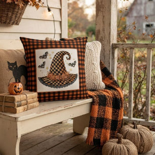 Oranje & Zwarte Gingham Halloween Heksenhoed & Vle Kussen