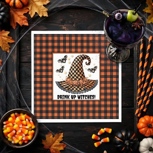 Oranje & Zwarte Gingham Halloween Heksenhoed & Vle Servet