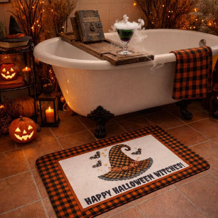 Oranje & Zwarte Gingham Halloween Heksenhoed Welko Badmat