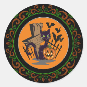 Oranje zwarte kat Tombstone Bats Halloween Ronde Sticker