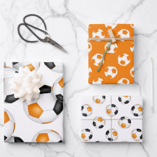 oranje zwarte team kleuren voetbal 3 pc variëteit inpakpapier vel