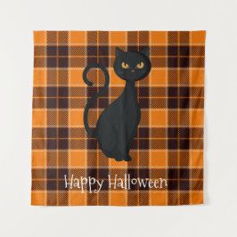 Oranje zwarte tonartan Pset Black Cat Halloween Wandkleed
