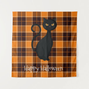 Oranje zwarte tonartan Pset Black Cat Halloween Wandkleed