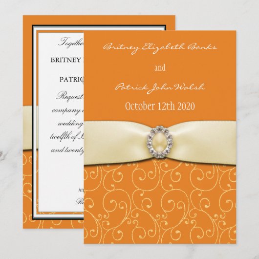 Oranje zwitserse en ivoren ribbon bruiloft kaart (Voorkant / Achterkant)