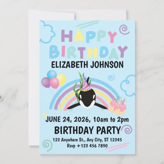 Orca Birthday Invitation in Blue Kaart (Voorkant)