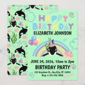 Orca Birthday Invitation in Green (Devant / Derrière)