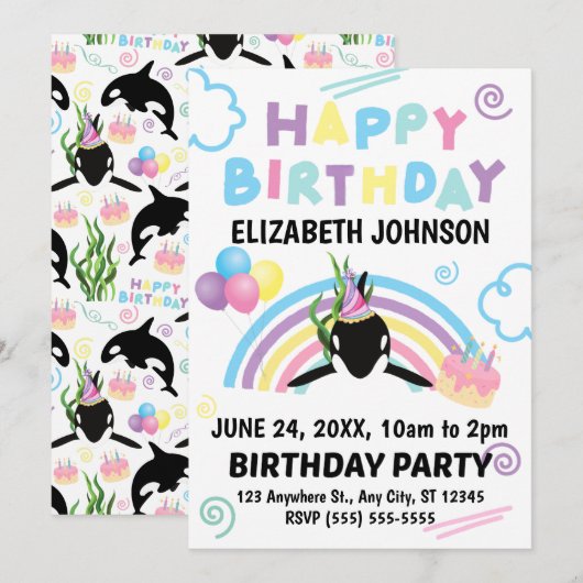 Orca Birthday Invitation in White (Devant / Derrière)