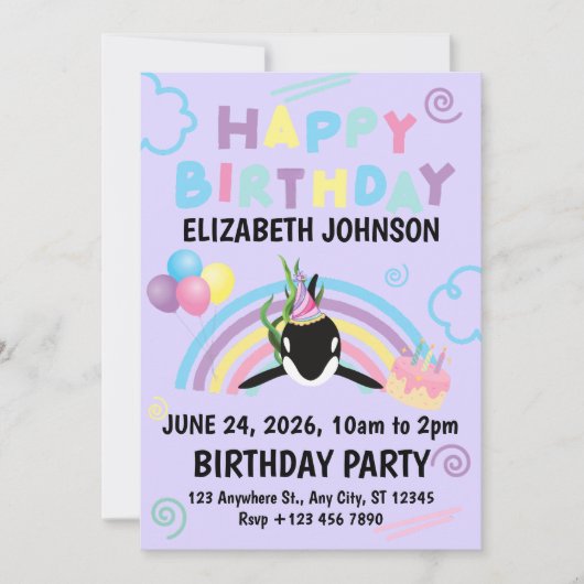 Orca Birthday Party Invitation in Purple (Devant)