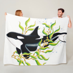 Orca walvis in Kelp Forest inkt art Fleece Deken