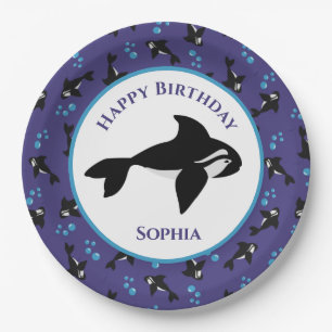 Orca-walvis met belletjes gepersonaliseerde verjaa papieren bordje