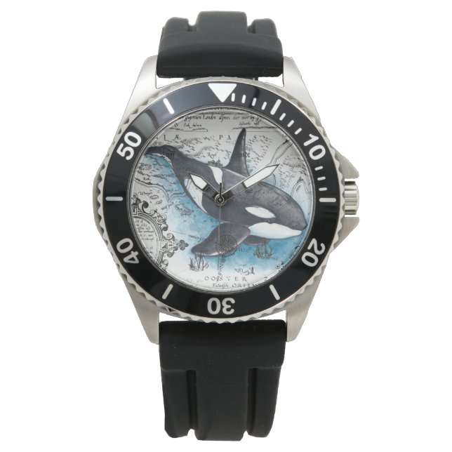 Orca Whale Blue Waterverf Nautical Map Horloge (Voorkant)