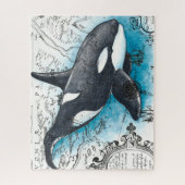 Orca Whale Blue Waterverf Nautical Map Legpuzzel (Verticaal)