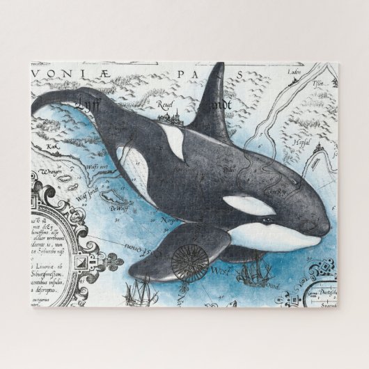 Orca Whale Blue Waterverf Nautical Map Legpuzzel (Horizontaal)
