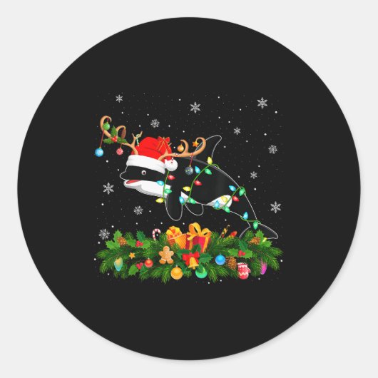 Orca Whale Christmas Lights Reindeer Santa Xmas Ad Ronde Sticker (Voorkant)