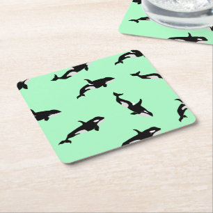 Orca Whale Illustration Pod Pattern Mint Vierkante Kartonnen Onderzetter
