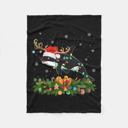Orca Xmas Lighting Reindeer Santa Hat Orca Christm Fleece Deken (Voorkant)