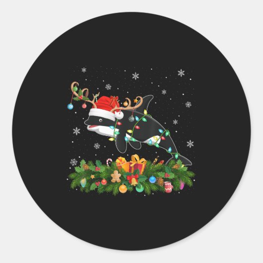 Orca Xmas Lighting Reindeer Santa Hat Orca Christm Ronde Sticker (Voorkant)