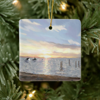 Orcas at Sunset Ceramic Ornament