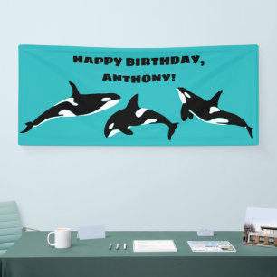 Orcas Killer Whales Blauwgroen Blue Birthday Party Spandoek