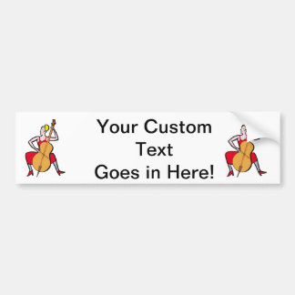 Orchestra bass speler blonde rode vrouw jurk.png bumpersticker